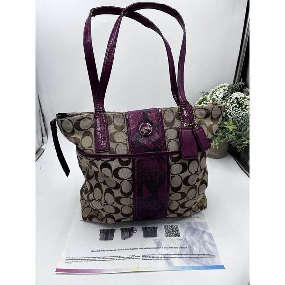 Authenticated F25706 Raspberry Snakeskin Tan Brown Signature Logo Tote Bag - Picture 11 of 16